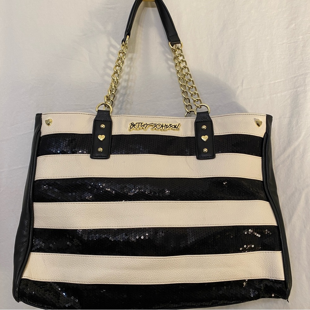Betsey Johnson Striped Sequin Tote Bag Purse Floral Lining